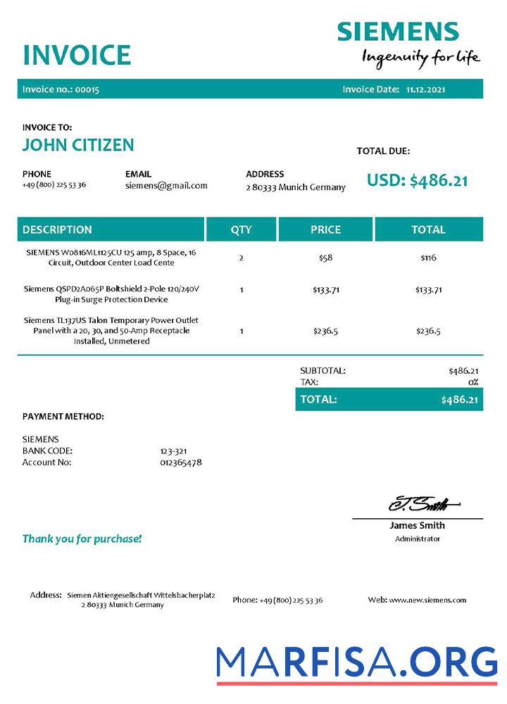 Realistic USA Siemens invoice example